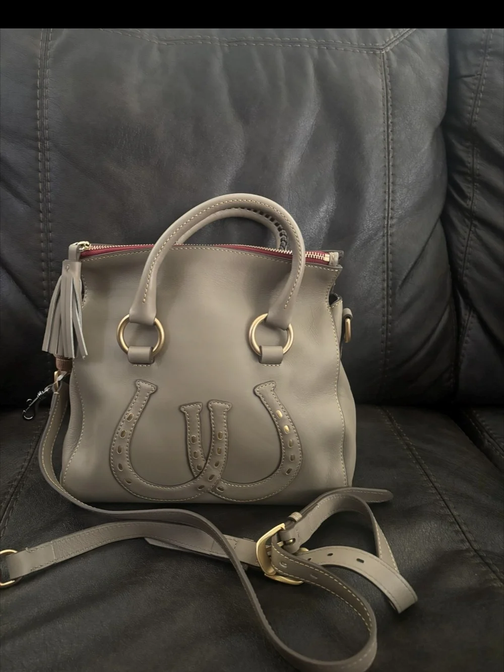 Dooney And Burch Taupe Leather  Crossbody Bag with Tassel